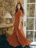 Cinnamon Chiffon A-Line V-Neck Floor-Length Bridesmaid Dress with Cascading Ruffles - Curvevia