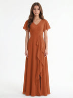 Cinnamon Chiffon A-Line V-Neck Floor-Length Bridesmaid Dress with Cascading Ruffles - Curvevia