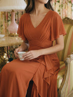 Cinnamon Chiffon A-Line V-Neck Floor-Length Bridesmaid Dress with Cascading Ruffles - Curvevia