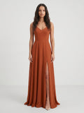 Cinnamon Chiffon A-Line V-Neck Lace-Up Floor-Length Bridesmaid Dress with Pleats - Curvevia