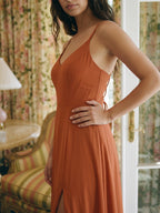 Cinnamon Chiffon A-Line V-Neck Lace-Up Floor-Length Bridesmaid Dress with Pleats - Curvevia