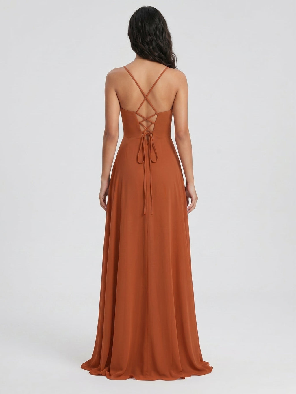 Cinnamon Chiffon A-Line V-Neck Lace-Up Floor-Length Bridesmaid Dress with Pleats - Curvevia