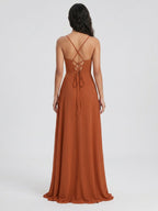 Cinnamon Chiffon A-Line V-Neck Lace-Up Floor-Length Bridesmaid Dress with Pleats - Curvevia