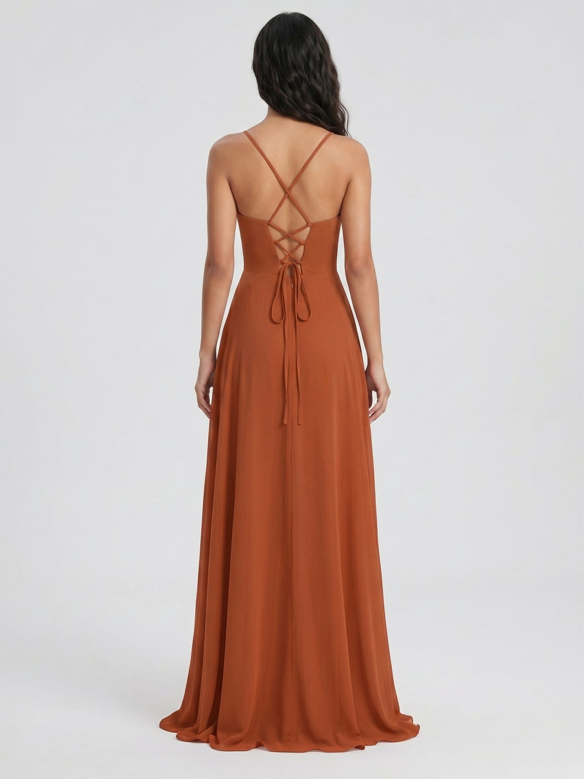 Cinnamon Chiffon A-Line V-Neck Lace-Up Floor-Length Bridesmaid Dress with Pleats - Curvevia