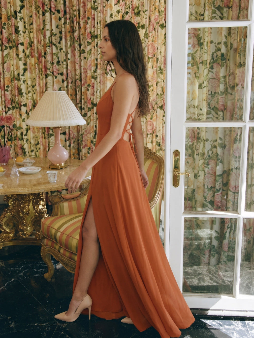 Cinnamon Chiffon A-Line V-Neck Lace-Up Floor-Length Bridesmaid Dress with Pleats - Curvevia