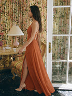 Cinnamon Chiffon A-Line V-Neck Lace-Up Floor-Length Bridesmaid Dress with Pleats - Curvevia