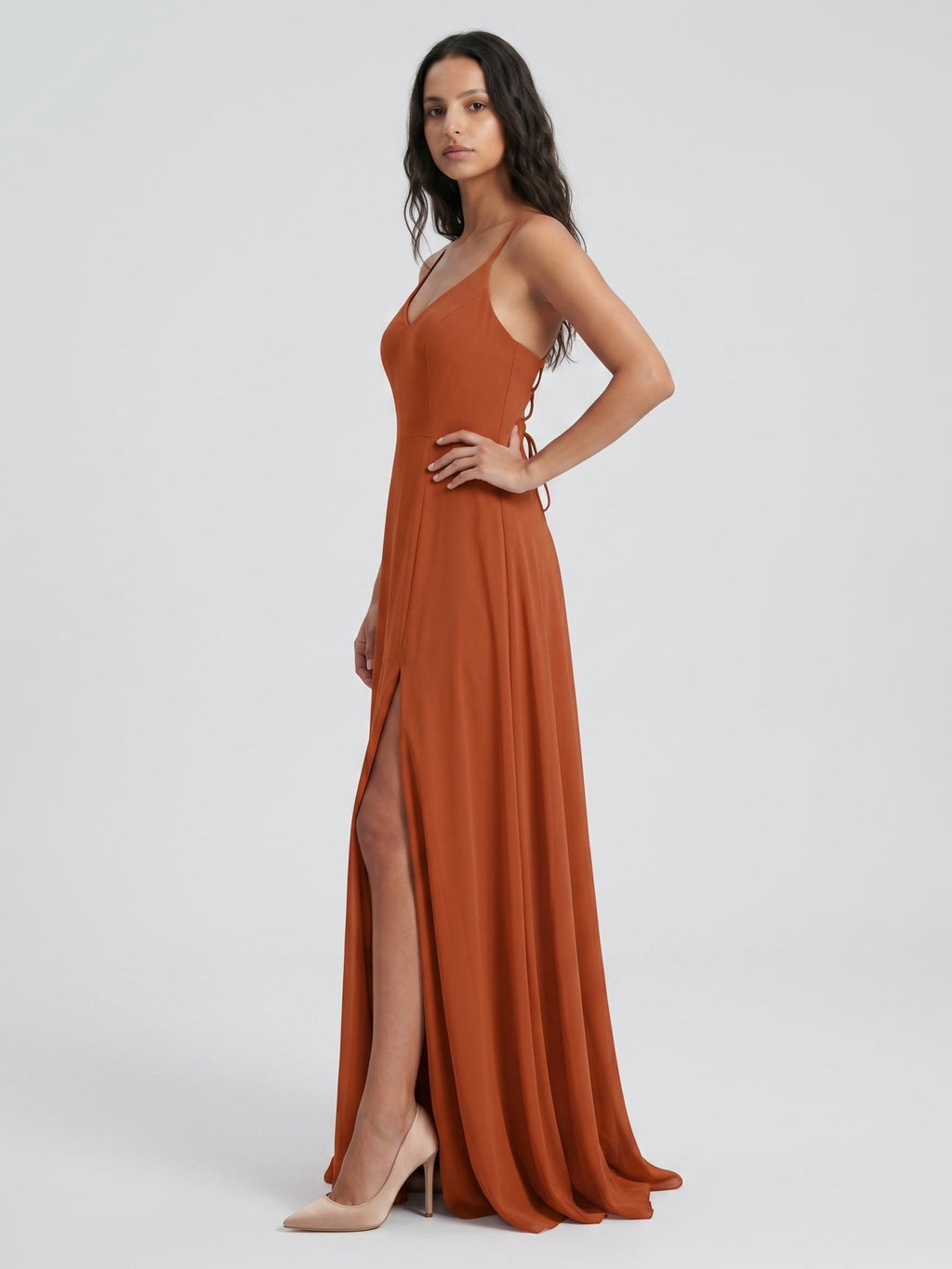 Cinnamon Chiffon A-Line V-Neck Lace-Up Floor-Length Bridesmaid Dress with Pleats - Curvevia