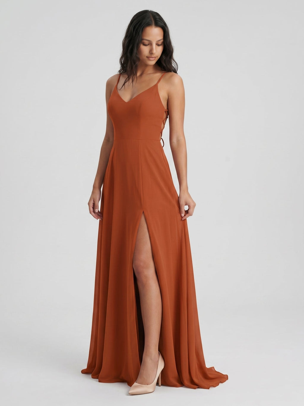 Cinnamon Chiffon A-Line V-Neck Lace-Up Floor-Length Bridesmaid Dress with Pleats - Curvevia