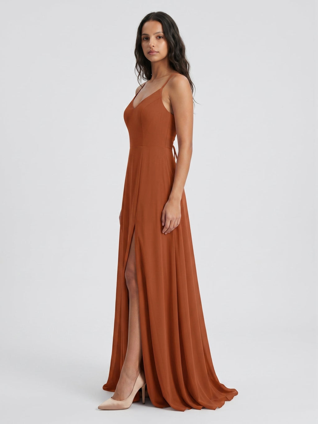 Cinnamon Chiffon A-Line V-Neck Lace-Up Floor-Length Bridesmaid Dress with Pleats - Curvevia