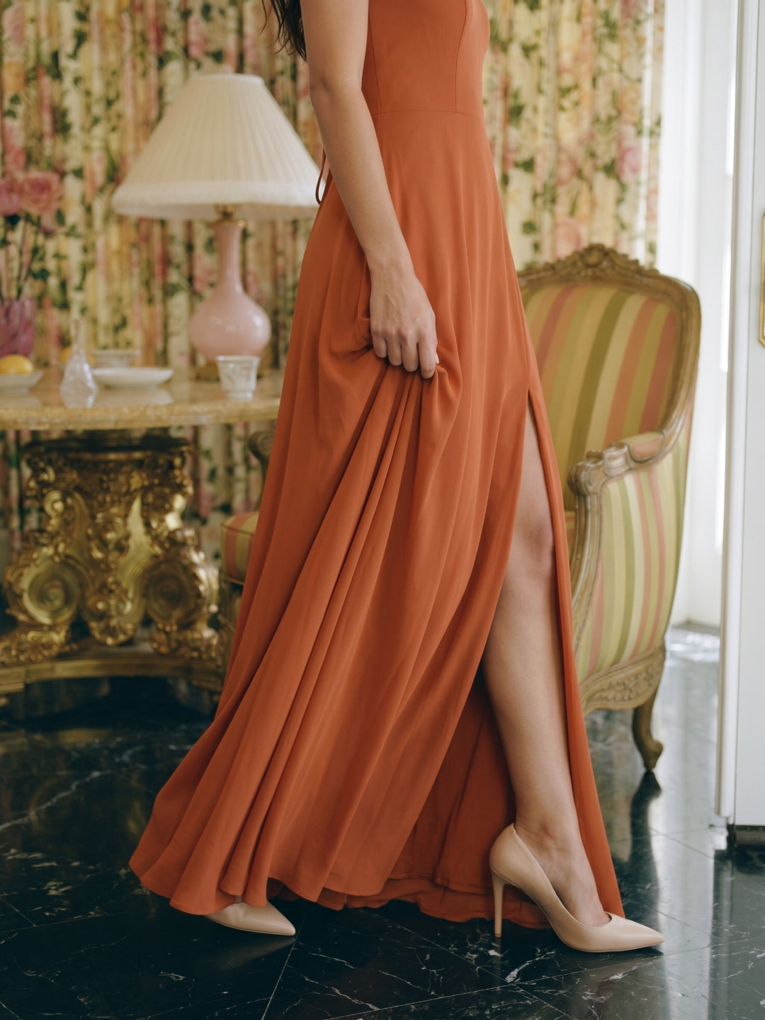 Cinnamon Chiffon A-Line V-Neck Lace-Up Floor-Length Bridesmaid Dress with Pleats - Curvevia