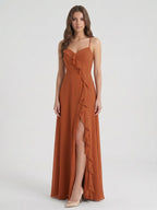 Cinnamon Chiffon A-Line V-Neck Lace-Up Floor-Length Bridesmaid Dress with Ruffles - Curvevia