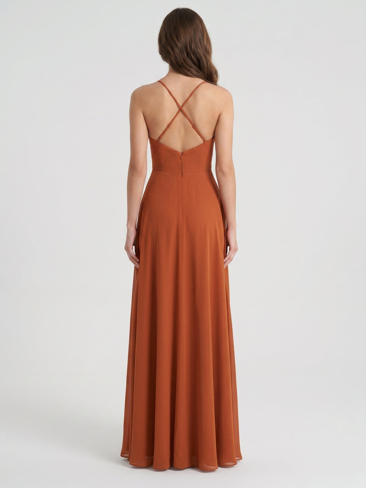 Cinnamon Chiffon A-Line V-Neck Lace-Up Floor-Length Bridesmaid Dress with Ruffles - Curvevia