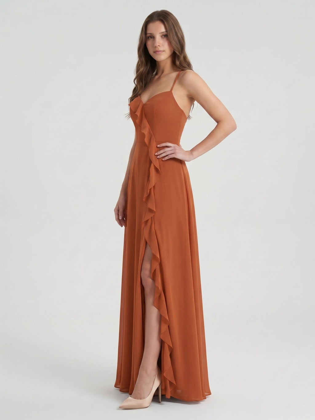 Cinnamon Chiffon A-Line V-Neck Lace-Up Floor-Length Bridesmaid Dress with Ruffles - Curvevia