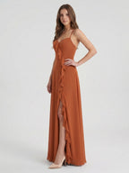 Cinnamon Chiffon A-Line V-Neck Lace-Up Floor-Length Bridesmaid Dress with Ruffles - Curvevia