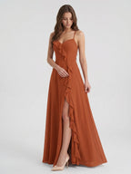 Cinnamon Chiffon A-Line V-Neck Lace-Up Floor-Length Bridesmaid Dress with Ruffles - Curvevia