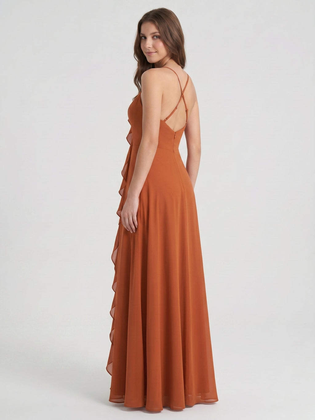 Cinnamon Chiffon A-Line V-Neck Lace-Up Floor-Length Bridesmaid Dress with Ruffles - Curvevia