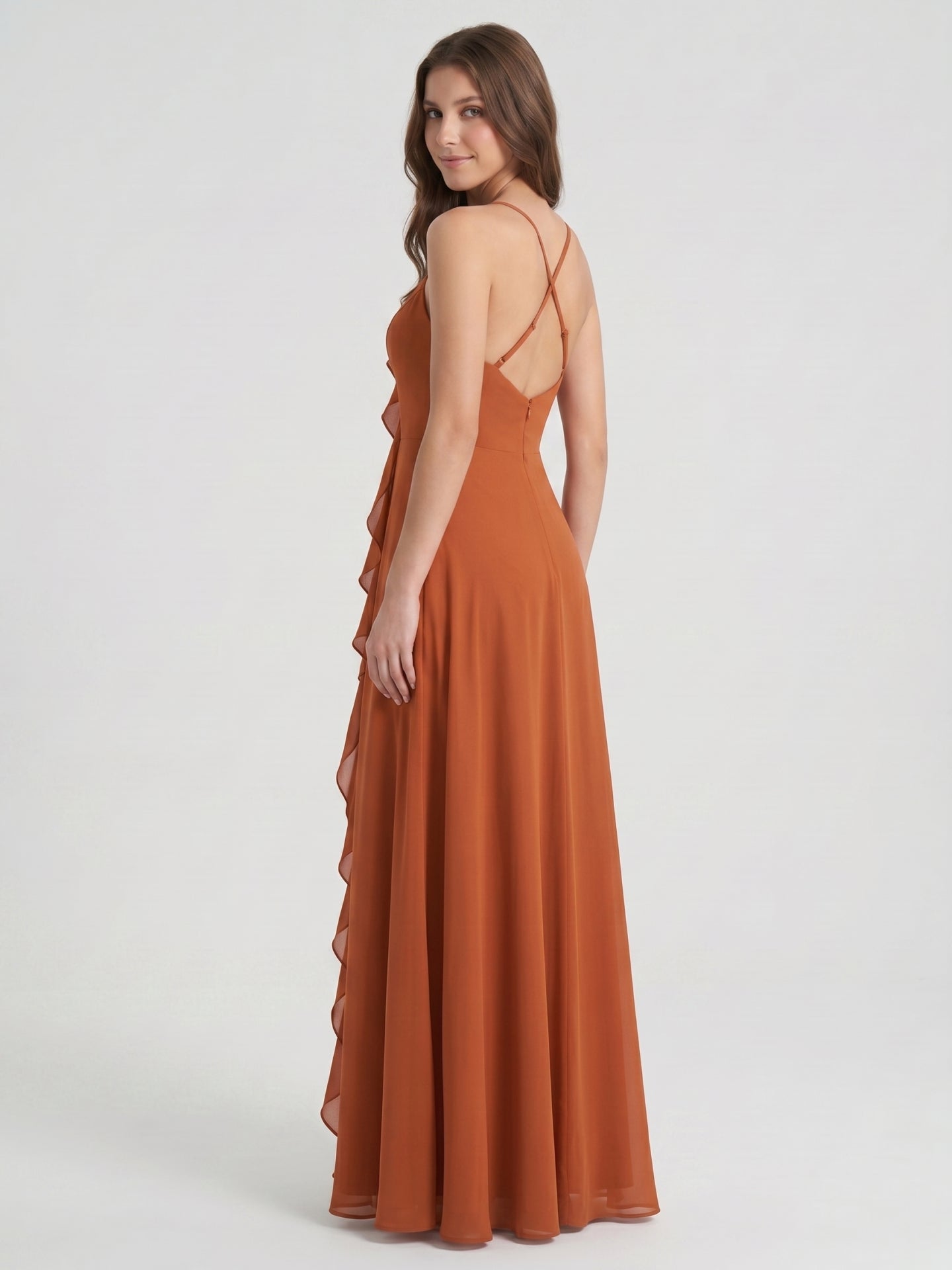 Cinnamon Chiffon A-Line V-Neck Lace-Up Floor-Length Bridesmaid Dress with Ruffles - Curvevia