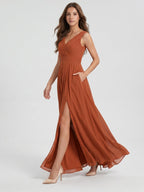 Cinnamon Chiffon A-Line V-Neck V-Back Floor-Length Bridesmaid Dress with Pleats - Curvevia