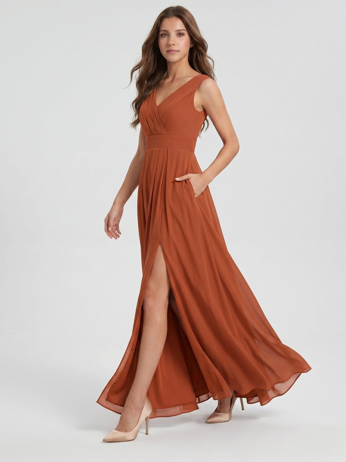 Cinnamon Chiffon A-Line V-Neck V-Back Floor-Length Bridesmaid Dress with Pleats - Curvevia