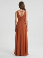 Cinnamon Chiffon A-Line V-Neck V-Back Floor-Length Bridesmaid Dress with Pleats - Curvevia