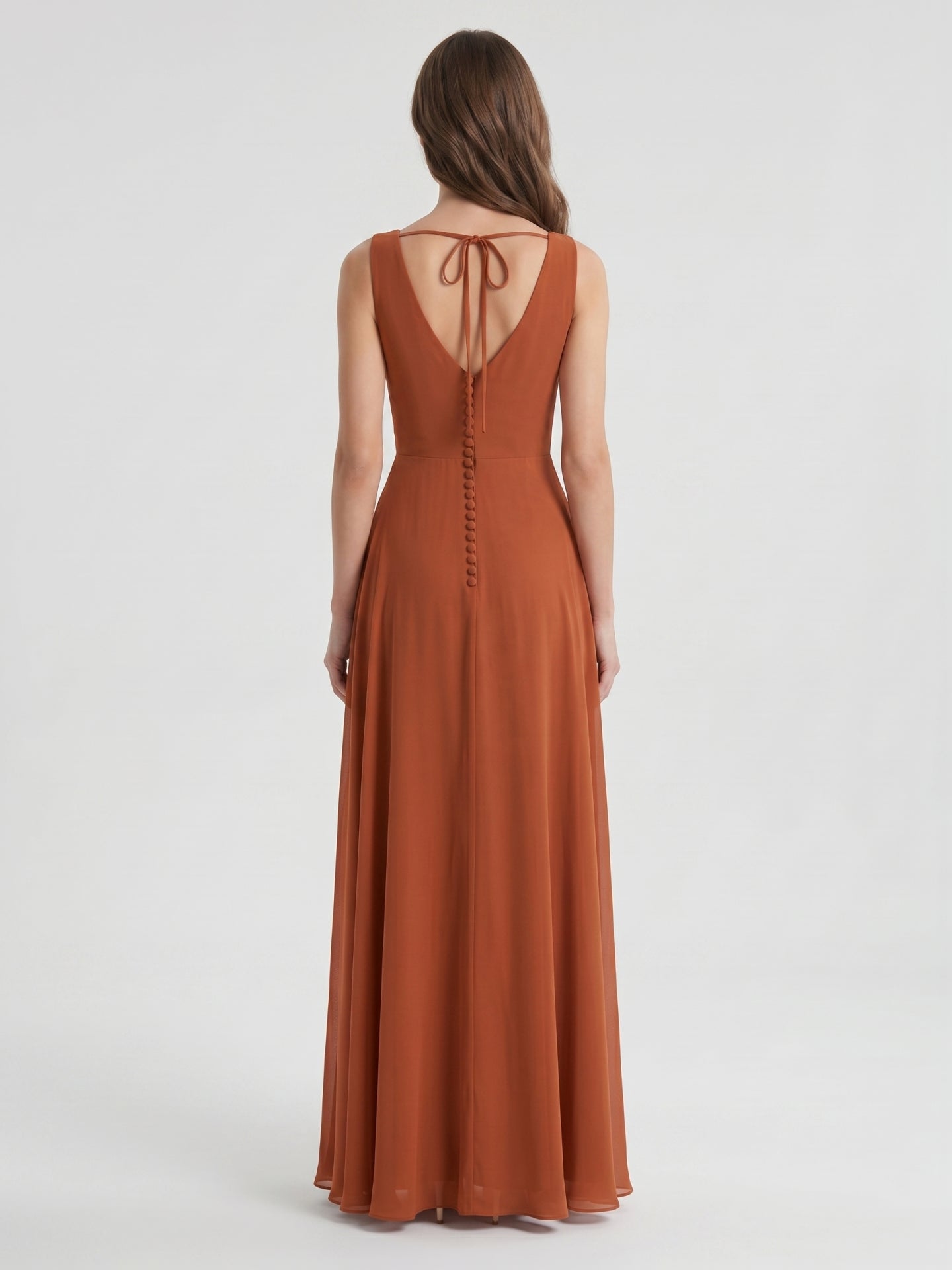Cinnamon Chiffon A-Line V-Neck V-Back Floor-Length Bridesmaid Dress with Pleats - Curvevia