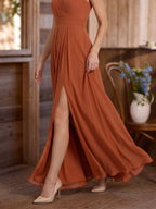 Cinnamon Chiffon A-Line V-Neck V-Back Floor-Length Bridesmaid Dress with Pleats - Curvevia