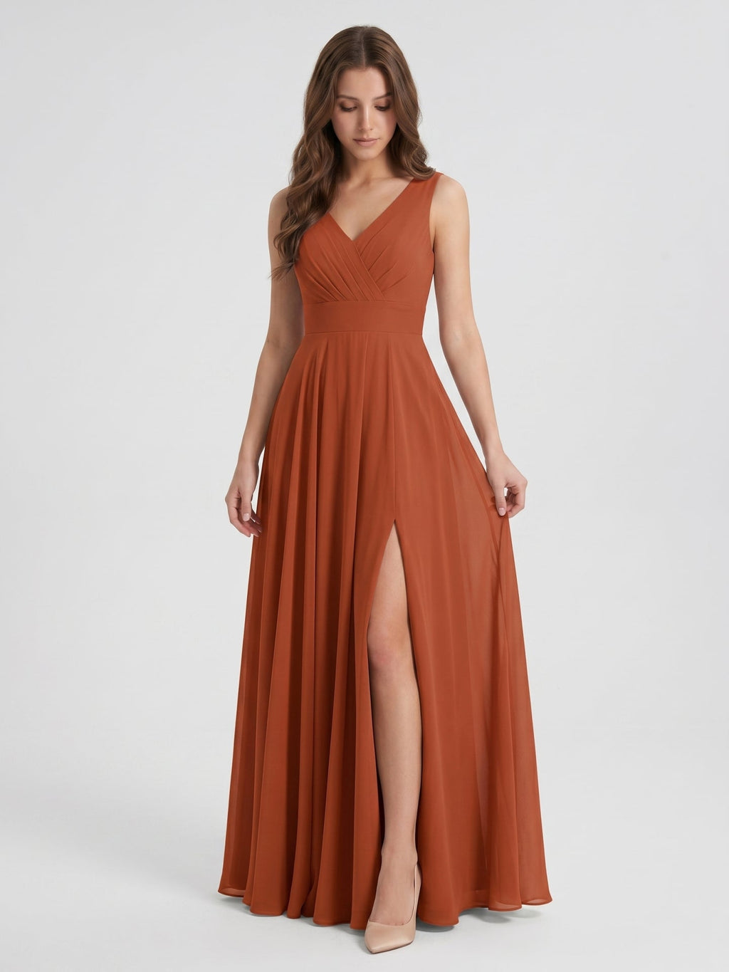 Cinnamon Chiffon A-Line V-Neck V-Back Floor-Length Bridesmaid Dress with Pleats - Curvevia