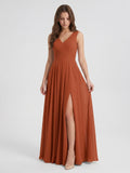 Cinnamon Chiffon A-Line V-Neck V-Back Floor-Length Bridesmaid Dress with Pleats - Curvevia