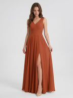 Cinnamon Chiffon A-Line V-Neck V-Back Floor-Length Bridesmaid Dress with Pleats - Curvevia