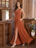 Cinnamon Chiffon A-Line V-Neck V-Back Floor-Length Bridesmaid Dress with Pleats - Curvevia