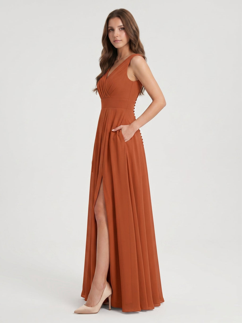 Cinnamon Chiffon A-Line V-Neck V-Back Floor-Length Bridesmaid Dress with Pleats - Curvevia