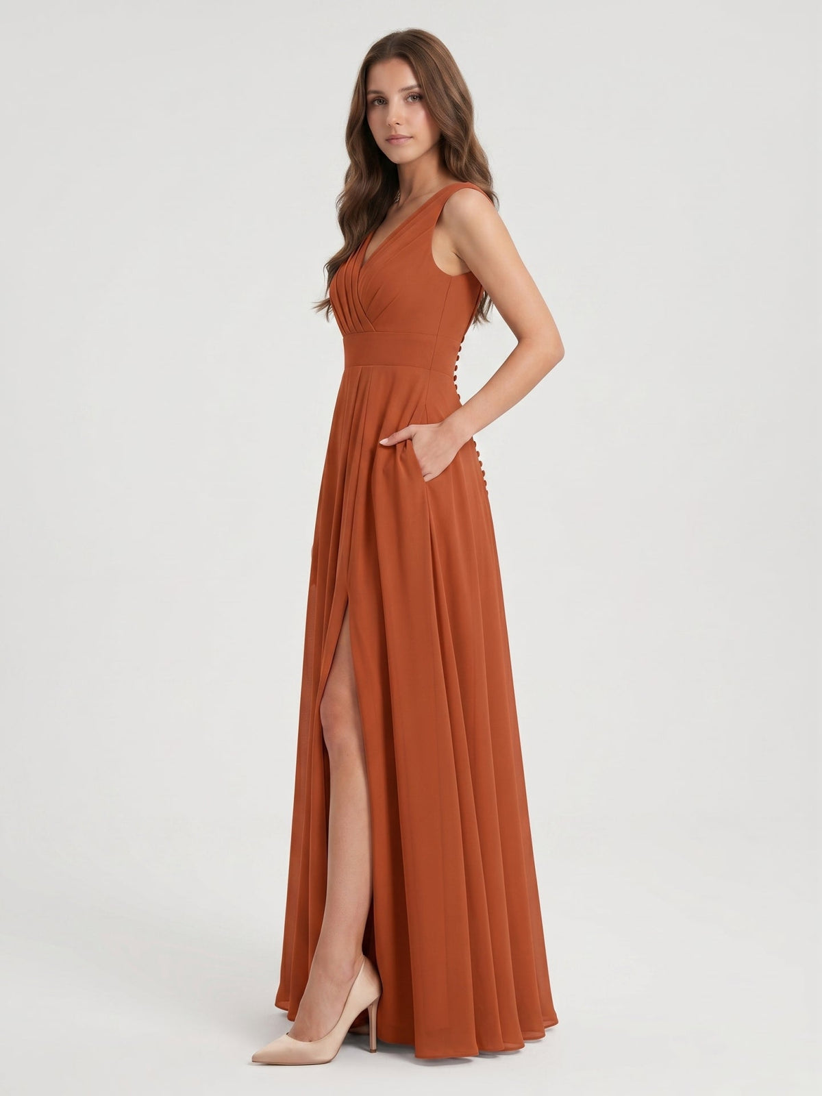 Cinnamon Chiffon A-Line V-Neck V-Back Floor-Length Bridesmaid Dress with Pleats - Curvevia