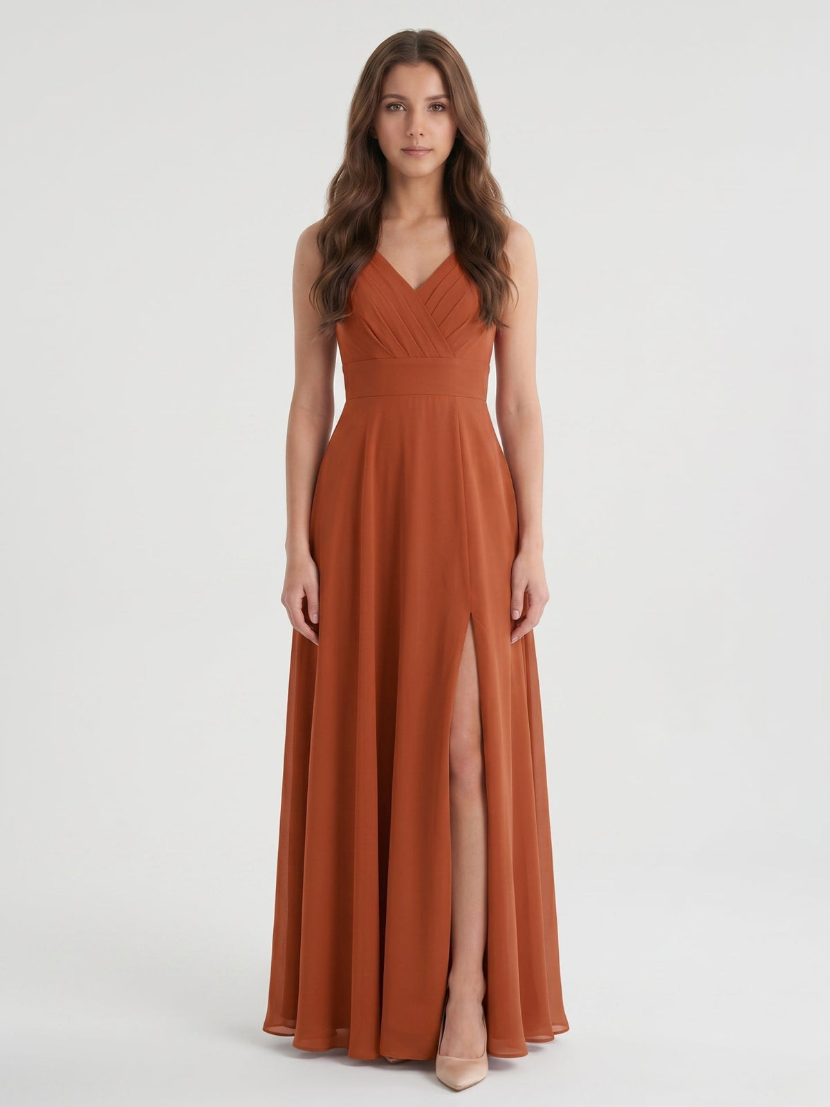 Cinnamon Chiffon A-Line V-Neck V-Back Floor-Length Bridesmaid Dress with Pleats - Curvevia