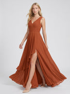 Cinnamon Chiffon A-Line V-Neck V-Back Floor-Length Bridesmaid Dress with Ruffled Details - Curvevia