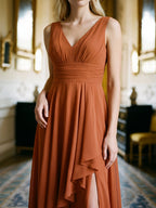 Cinnamon Chiffon A-Line V-Neck V-Back Floor-Length Bridesmaid Dress with Ruffled Details - Curvevia