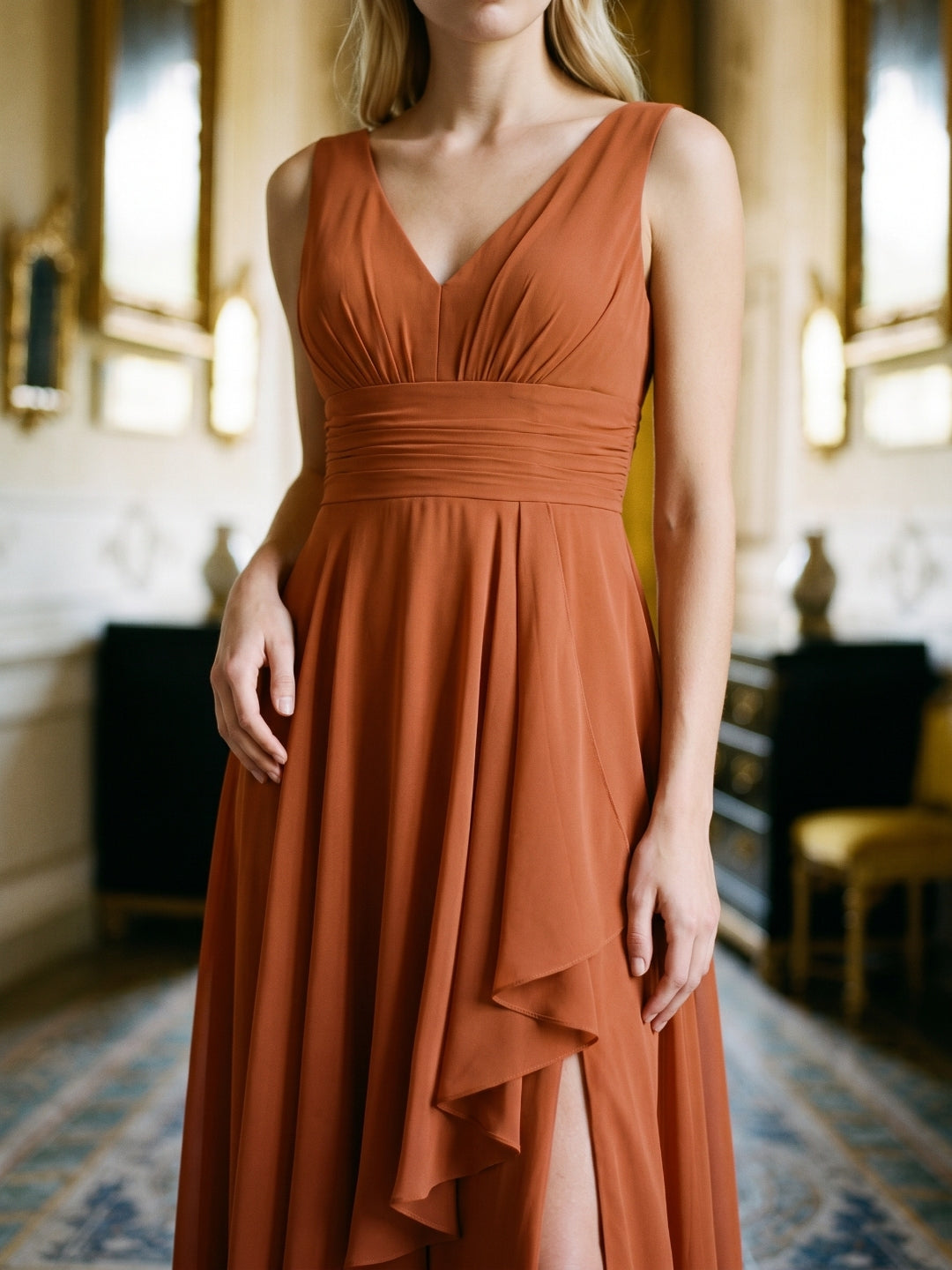 Cinnamon Chiffon A-Line V-Neck V-Back Floor-Length Bridesmaid Dress with Ruffled Details - Curvevia