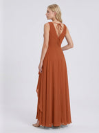 Cinnamon Chiffon A-Line V-Neck V-Back Floor-Length Bridesmaid Dress with Ruffled Details - Curvevia
