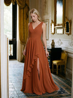 Cinnamon Chiffon A-Line V-Neck V-Back Floor-Length Bridesmaid Dress with Ruffled Details - Curvevia