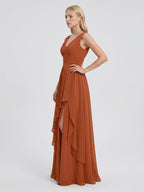 Cinnamon Chiffon A-Line V-Neck V-Back Floor-Length Bridesmaid Dress with Ruffled Details - Curvevia