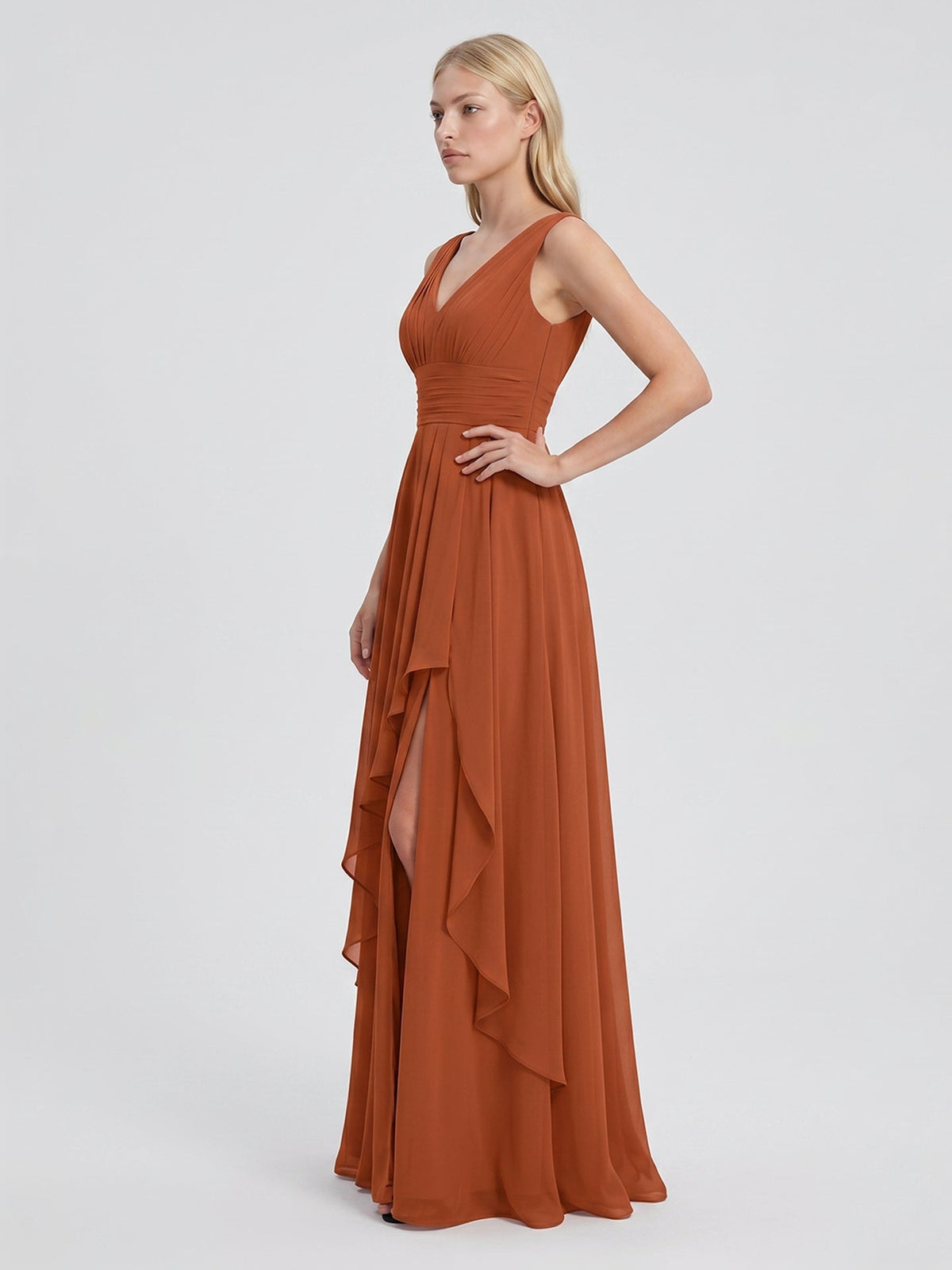 Cinnamon Chiffon A-Line V-Neck V-Back Floor-Length Bridesmaid Dress with Ruffled Details - Curvevia