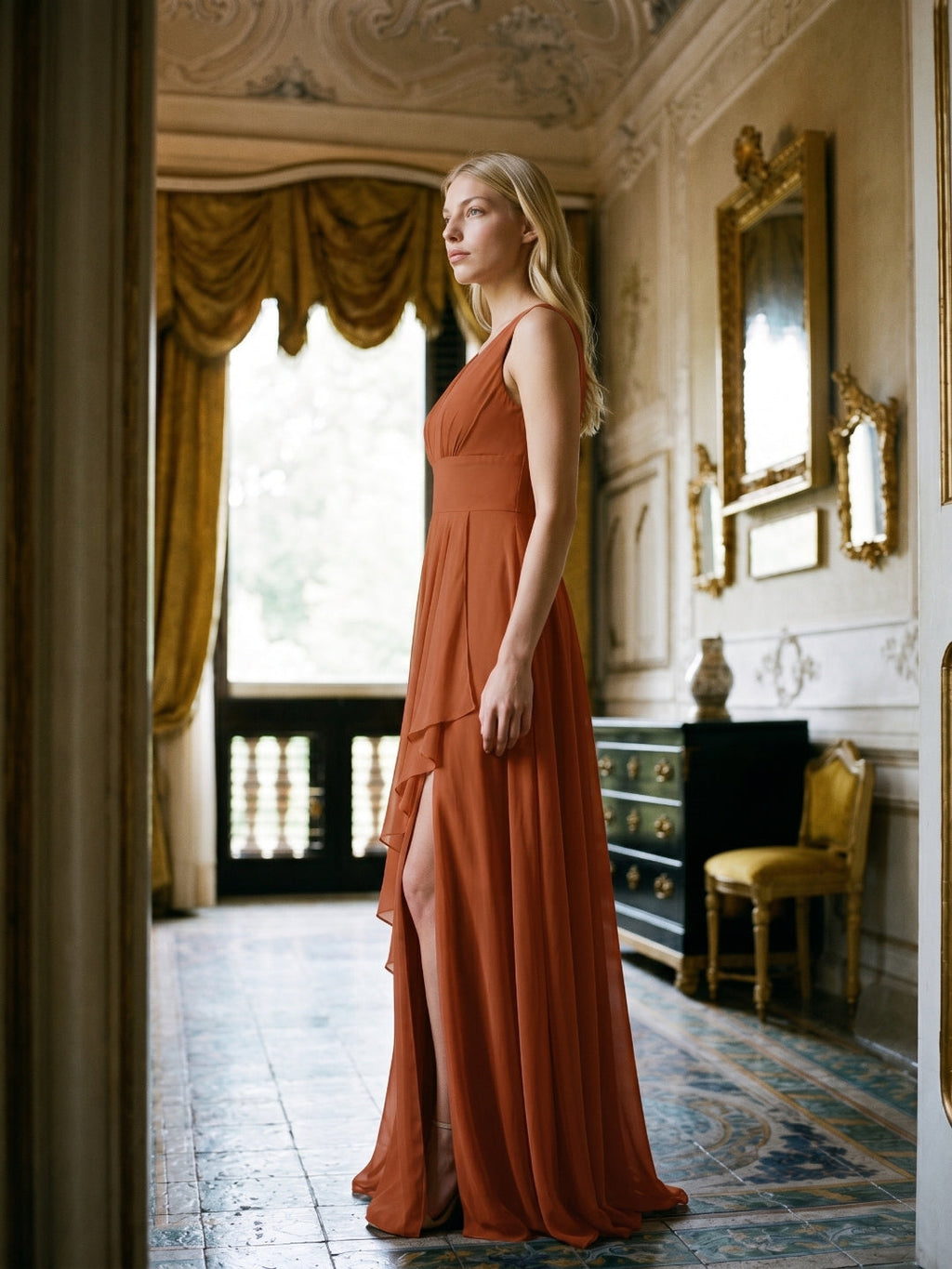 Cinnamon Chiffon A-Line V-Neck V-Back Floor-Length Bridesmaid Dress with Ruffled Details - Curvevia
