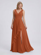 Cinnamon Chiffon A-Line V-Neck V-Back Floor-Length Bridesmaid Dress with Ruffled Details - Curvevia