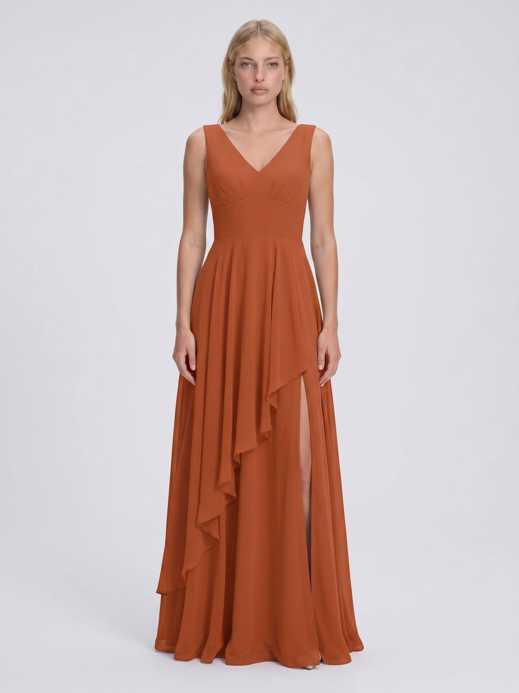 Cinnamon Chiffon A-Line V-Neck V-Back Floor-Length Bridesmaid Dress with Ruffled Details - Curvevia