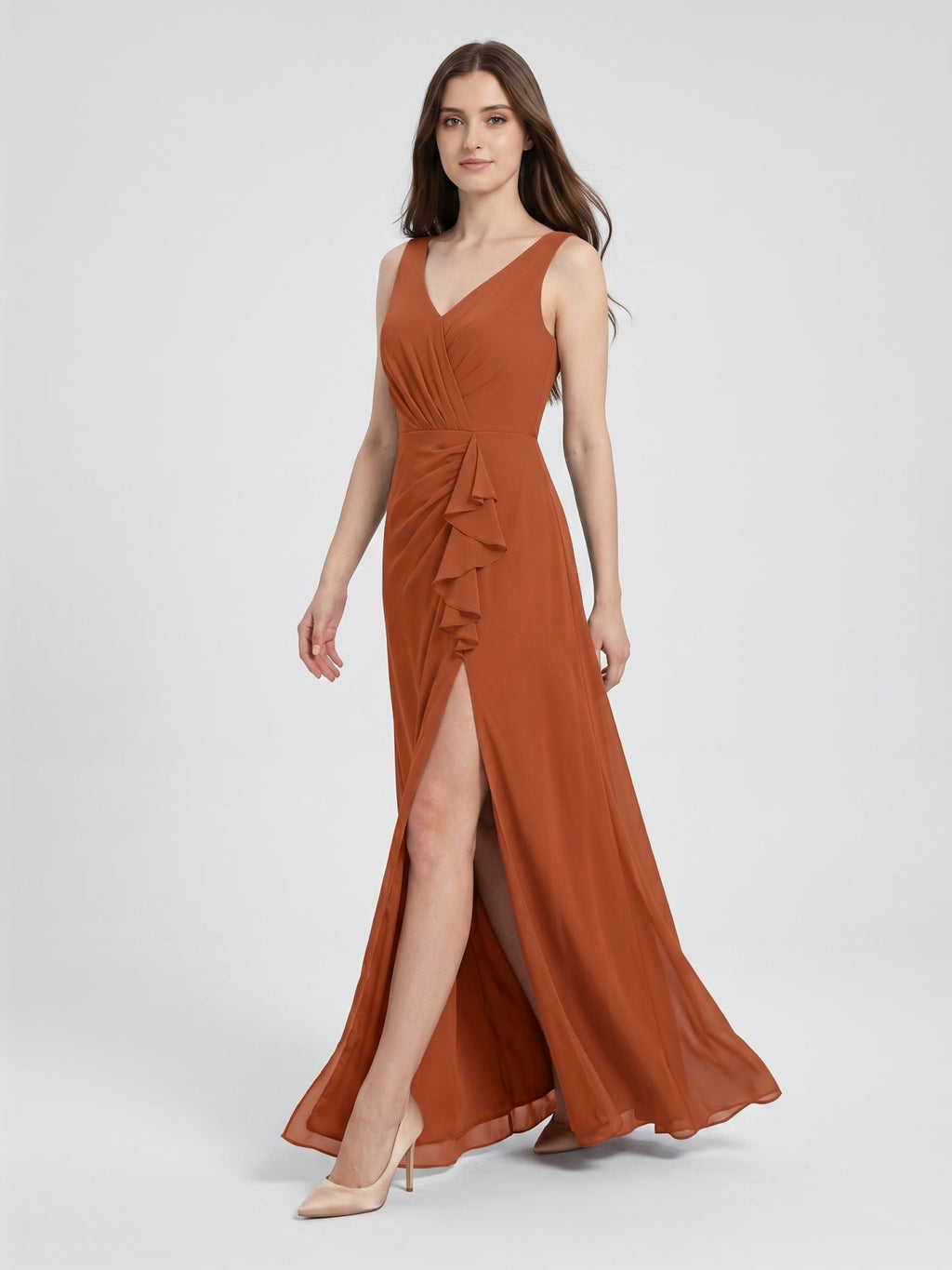Cinnamon Chiffon A-Line V-Neck V-Back Floor-Length Bridesmaid Dress with Ruffles - Curvevia