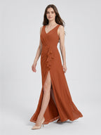 Cinnamon Chiffon A-Line V-Neck V-Back Floor-Length Bridesmaid Dress with Ruffles - Curvevia