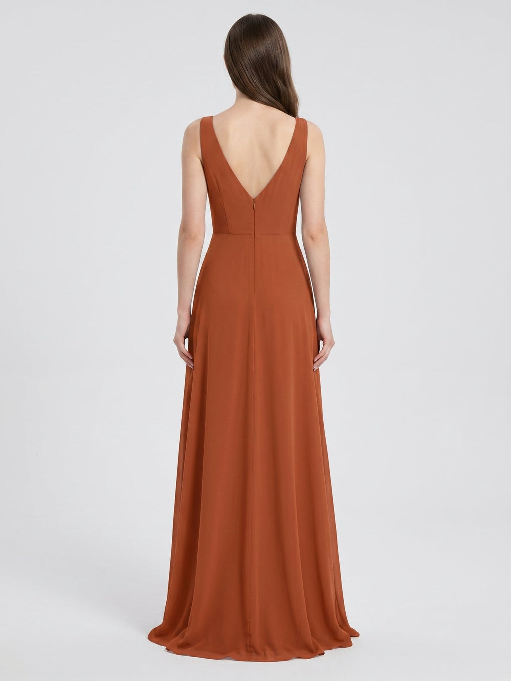Cinnamon Chiffon A-Line V-Neck V-Back Floor-Length Bridesmaid Dress with Ruffles - Curvevia