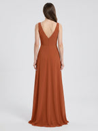 Cinnamon Chiffon A-Line V-Neck V-Back Floor-Length Bridesmaid Dress with Ruffles - Curvevia