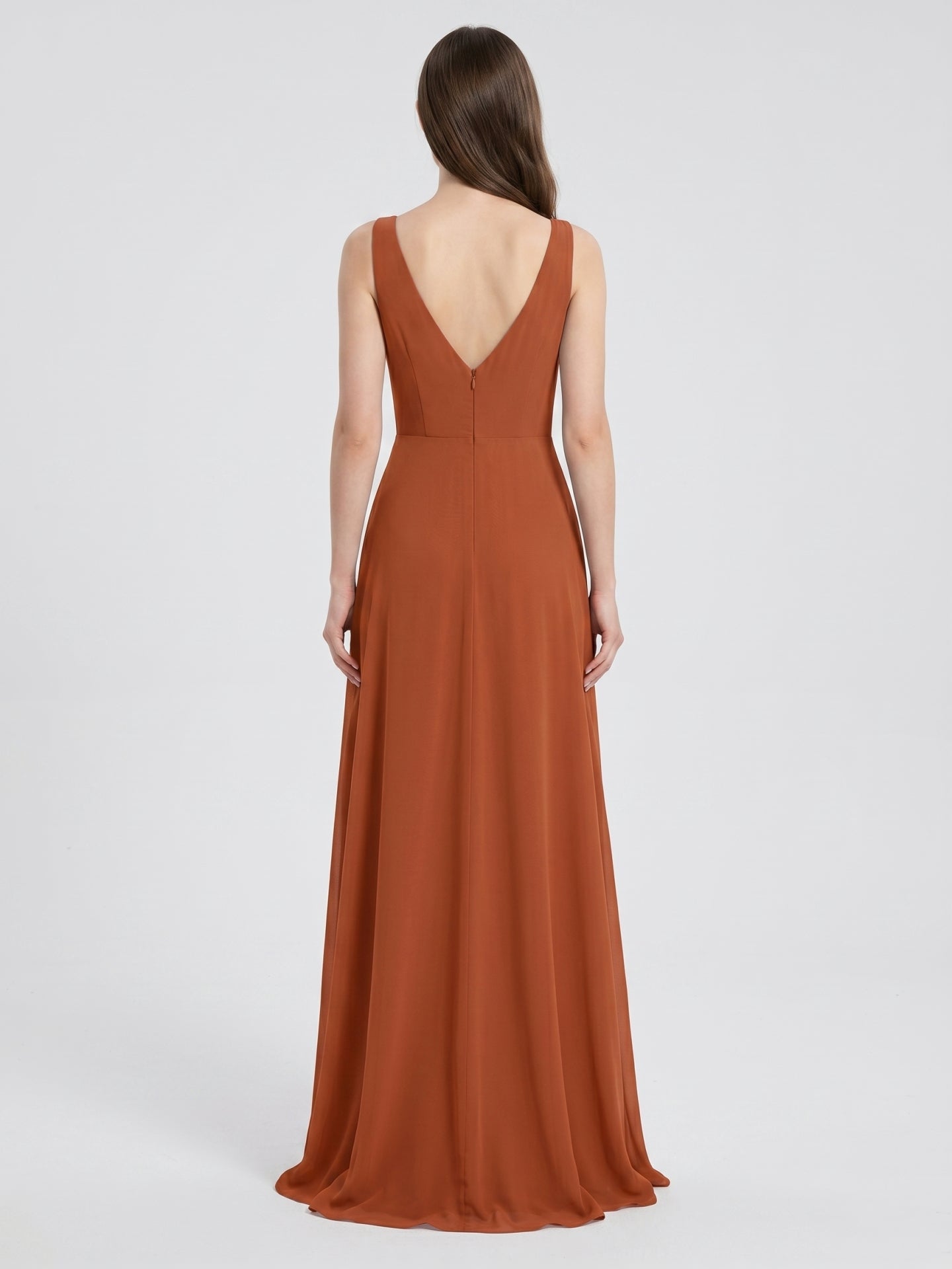 Cinnamon Chiffon A-Line V-Neck V-Back Floor-Length Bridesmaid Dress with Ruffles - Curvevia