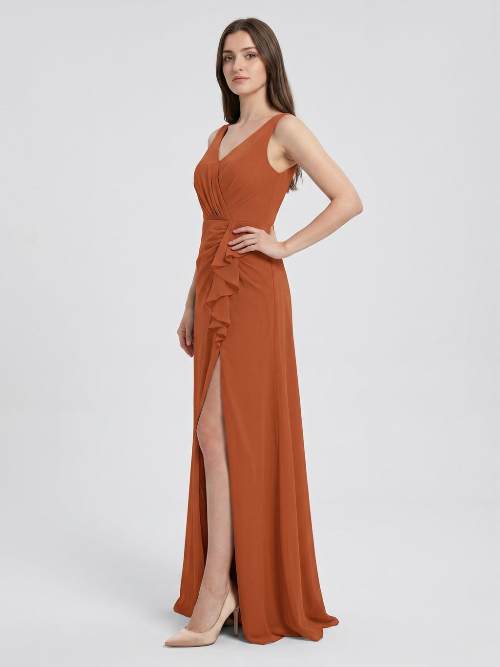 Cinnamon Chiffon A-Line V-Neck V-Back Floor-Length Bridesmaid Dress with Ruffles - Curvevia