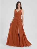 Cinnamon Chiffon A-Line V-Neck V-Back Floor-Length Bridesmaid Dress with Ruffles - Curvevia